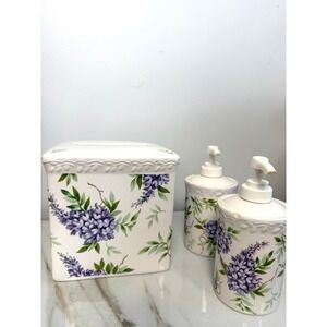 Liz Claiborne At Home Wisteria Floral Tissue Box Cover Soap Dispenser Set